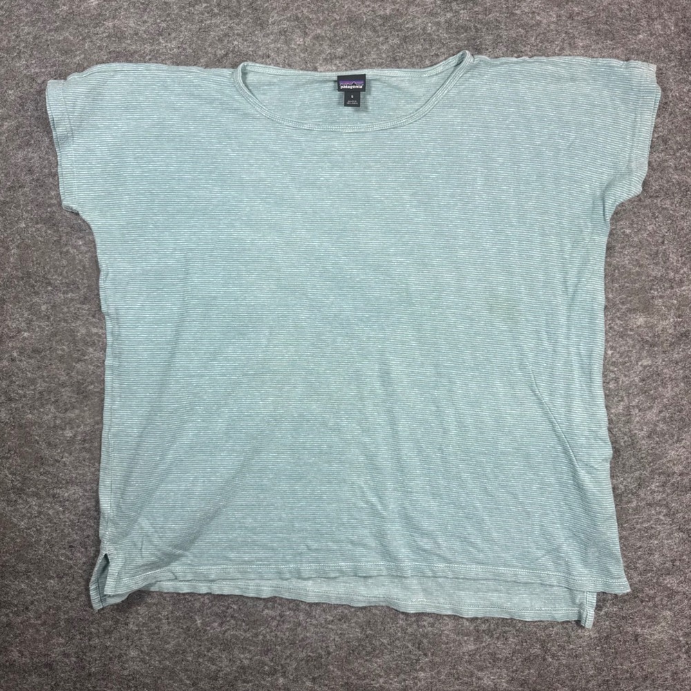Patagonia Trail Harboer Tee Womens S Hemp Organic Cotton Striped Boxy Teal Blue